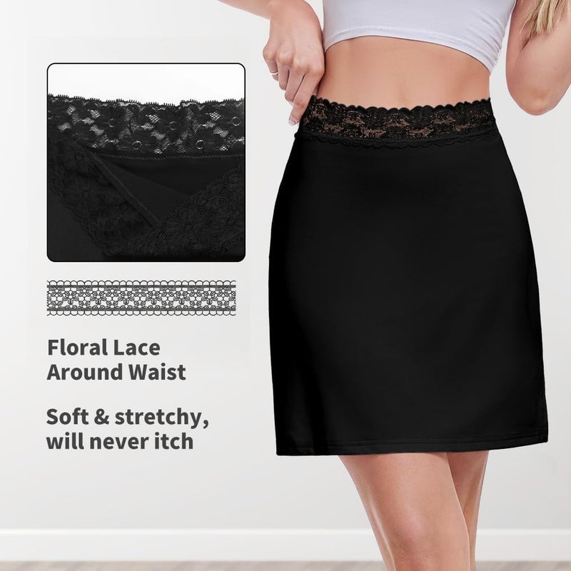 MANCYFIT Half Slips for Women Underskirt Short Mini Skirt with Floral Lace Waistband Black Medium - Image 2